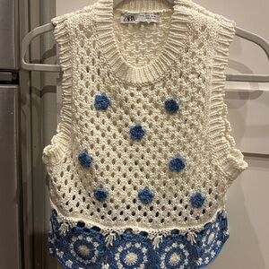 Zara Ivory and Blue Crochet Sleeveless Top